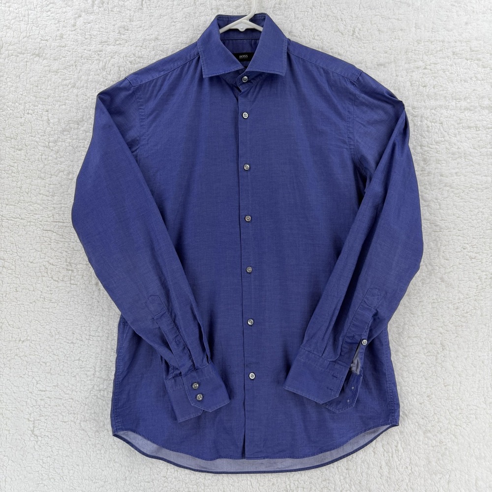 BOSS‎ Hugo Boss Mens 15 38 Blue Regular Fit Albiate Cotton Button Dress Shirt